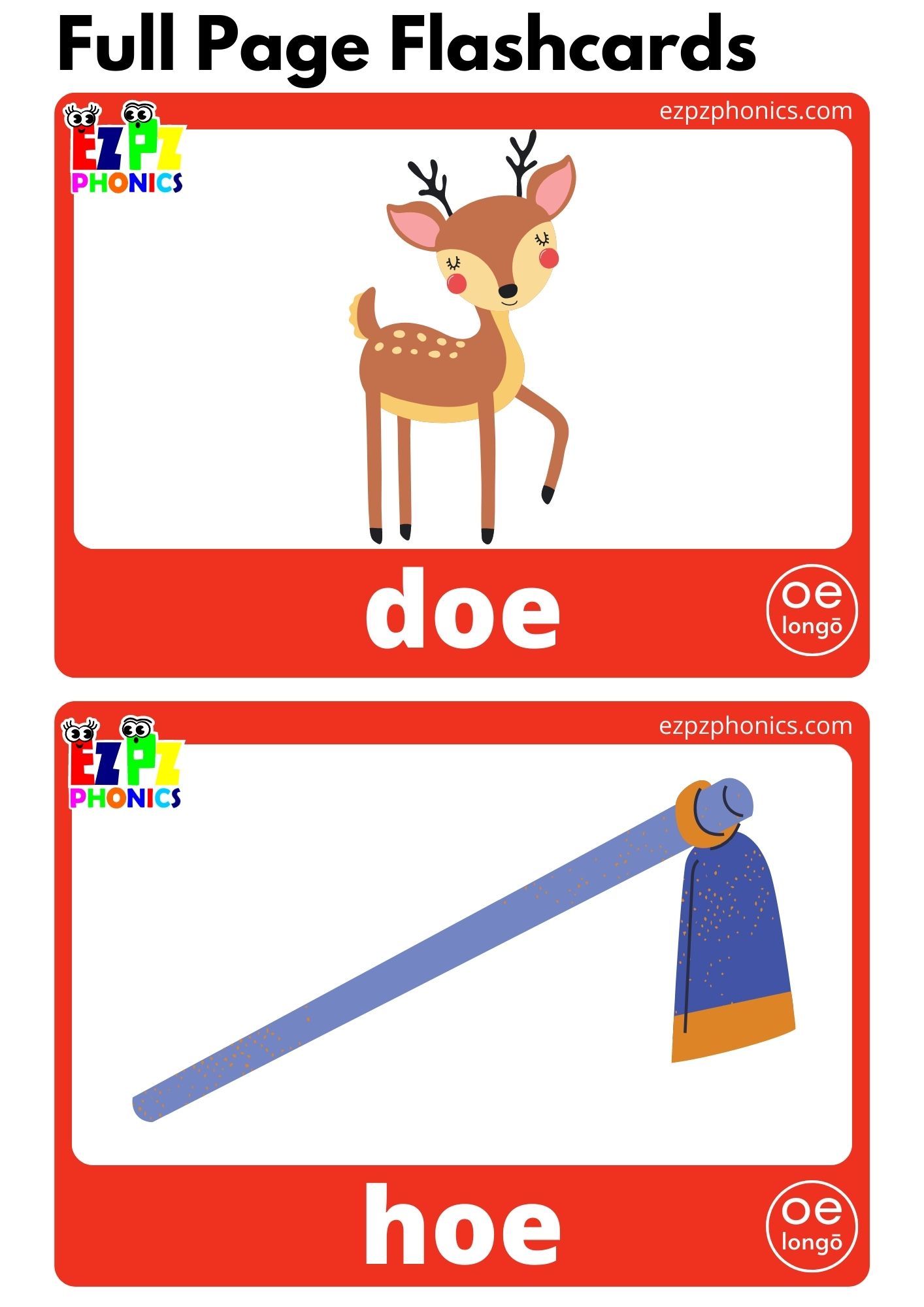 oe Words Long O Vowel Sounds Flashcards with Images and Words Download Free Printable PDF or View Online for Teaching AEIOU Phonics to Kindergarten and ESL Students